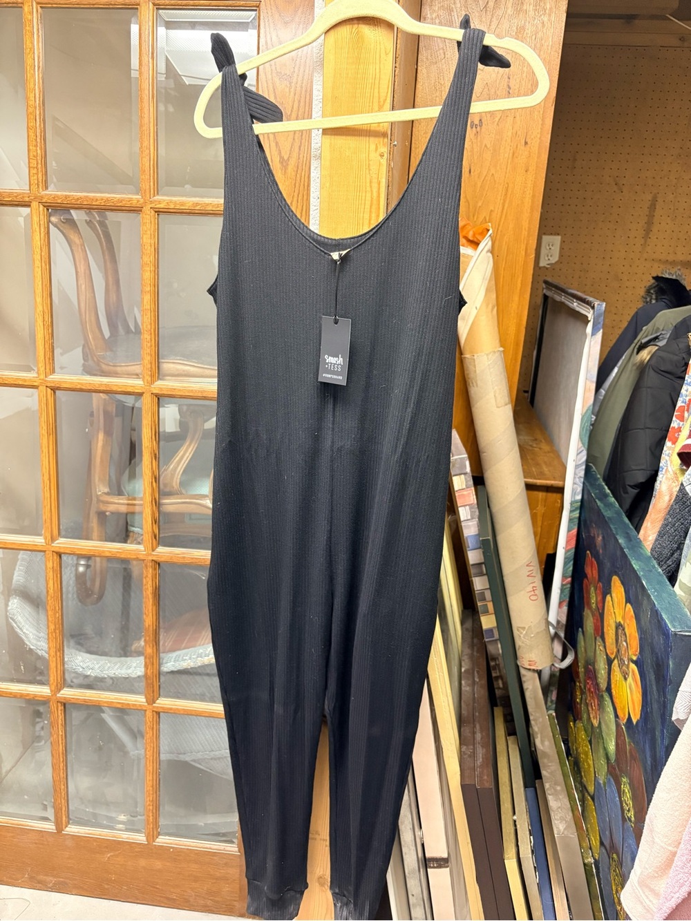 Smash + Tess Black Ribbed Tie-Strap Jumpsuit